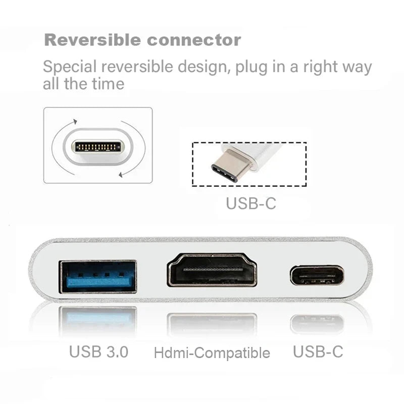 3 In 1 Usb-C Usb Hub Male To Female Hdmi-Compatible 4k Usb 3.1 Type-C